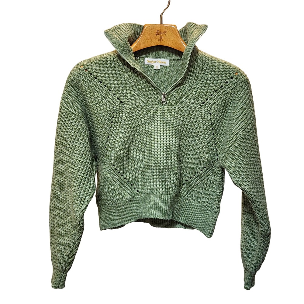 Sugar Moon Sage Green Marl Cropped Quarter Zip Ribbed Sweater XS Pointelle